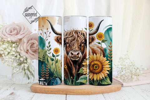 Highland Cow Sunflower 20oz Tumbler Wrap Sublimation sassyprint 