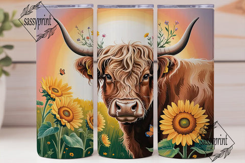Highland Cow Sunflower 20oz Tumbler Wrap Sublimation sassyprint 