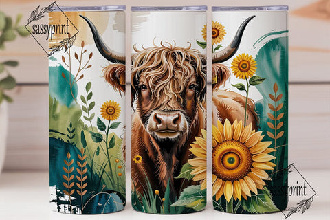Highland Cow Sunflower 20oz Tumbler Wrap Sublimation sassyprint 