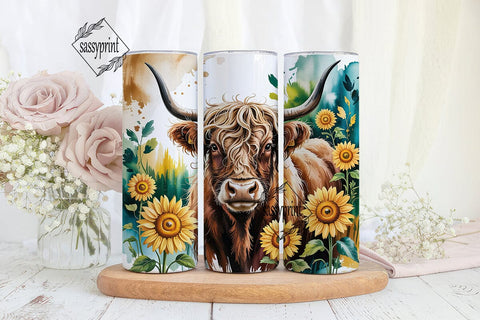 Highland Cow Sunflower 20oz Tumbler Wrap Sublimation sassyprint 