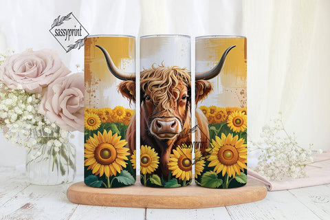 Highland Cow Sunflower 20oz Tumbler Wrap Sublimation sassyprint 