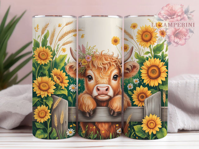 Highland Cow Sunflower Charm 20oz Tumbler, Fluffy Cow Calf, Caramel Orange Fur, Sparkling Dark Eyes, Pink Nose, Curved Horns, Sublimation PNG Sublimation Li Zamperini 