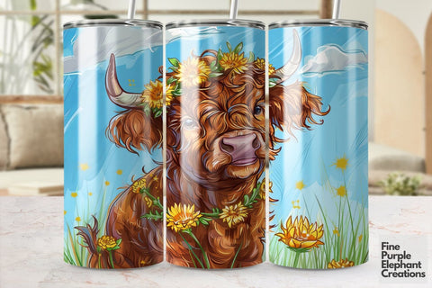 Highland Cow Sunflower Crown Sublimation Tumbler Wrap Sublimation Fine Purple Elephant Creations 