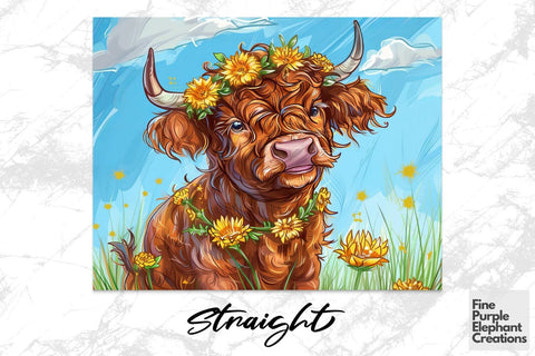 Highland Cow Sunflower Crown Sublimation Tumbler Wrap Sublimation Fine Purple Elephant Creations 
