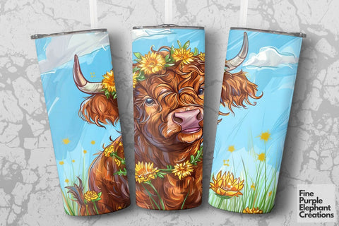 Highland Cow Sunflower Crown Sublimation Tumbler Wrap Sublimation Fine Purple Elephant Creations 