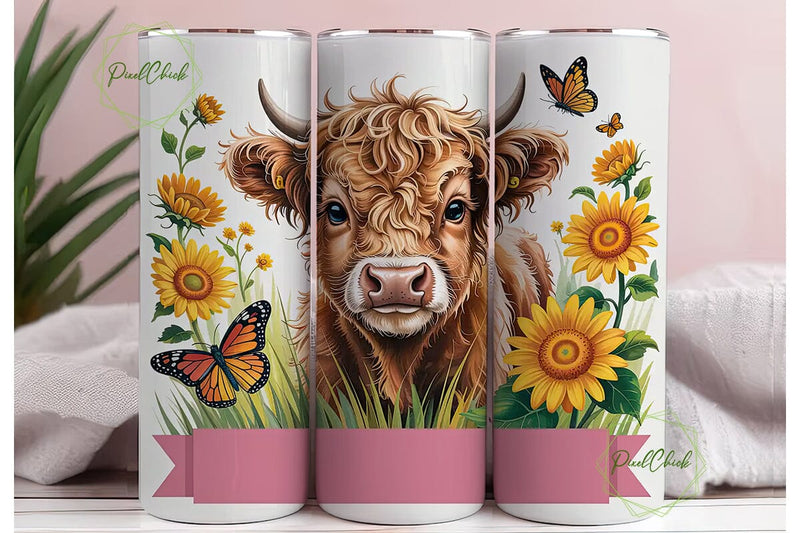 Highland Cow Sunflower Design Tumbler Sublimation PixelChick 