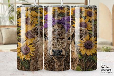 Highland Cow Sunflower Field Sublimation Tumbler Wrap Sublimation Fine Purple Elephant Creations 