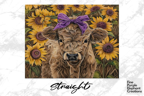 Highland Cow Sunflower Field Sublimation Tumbler Wrap Sublimation Fine Purple Elephant Creations 