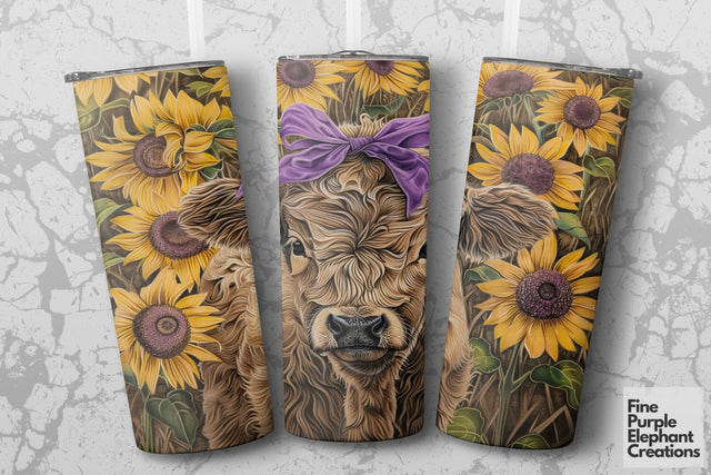 Highland Cow Sunflower Field Sublimation Tumbler Wrap Sublimation Fine Purple Elephant Creations 