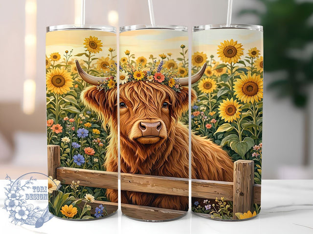 Highland Cow Sunflower Glow 20oz Tumbler, Highland Cow, Sunflower Motif, Rustic Charm, Farmhouse Style, Glow Effect, Skinny Tumbler, Sublimation PNG Sublimation ToriDesigns 