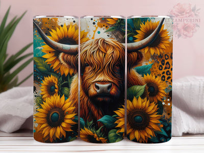 Highland Cow Sunflower Leopard 20oz Tumbler Wrap PNG, Straight & Tapered Tumbler Wrap, Highland Cow Tumbler PNG, Instant Digital Download Sublimation Li Zamperini 