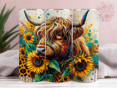 Highland Cow Sunflower Leopard 20oz Tumbler Wrap PNG, Straight & Tapered Tumbler Wrap, Highland Cow Tumbler PNG, Instant Digital Download Sublimation Li Zamperini 