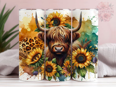 Highland Cow Sunflower Leopard 20oz Tumbler Wrap PNG, Straight & Tapered Tumbler Wrap, Highland Cow Tumbler PNG, Instant Digital Download Sublimation Li Zamperini 