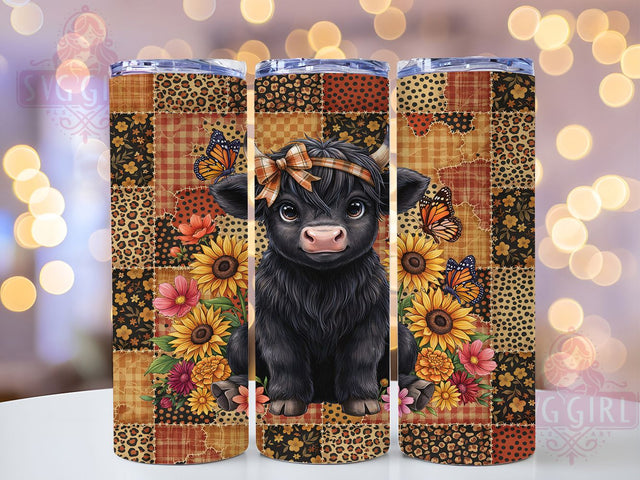 Highland Cow Sunflower Patch 20oz Tumbler, Sunflower Patchwork, Baby Cow, Plaid Bow, Fluffy Calf, Skinny Tumbler, Sublimation PNG Sublimation SvggirlplusArt 