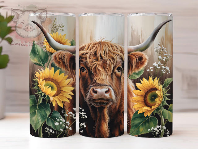 Highland Cow Sunflower Rustic 20oz Tumbler, Sunflower Design, Rustic Farmhouse, Country Charm, Whimsical Floral, 20oz Tumbler Wrap, Sublimation PNG Sublimation Lara' s Designs 