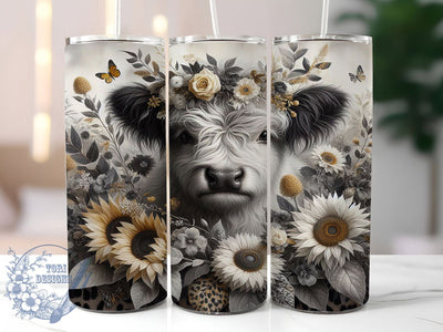 Highland Cow & Sunflower Rustic Farm Tumbler, Sunflower Cow Wrap, Black and White Cow Design, 20oz Sublimation Wrap, Floral Cow Tumbler, Printable Highland Cow Art, Rustic Farm Tumbler Sublimation ToriDesigns 