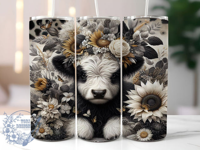 Highland Cow & Sunflower Rustic Farm Tumbler, Sunflower Cow Wrap, Black and White Cow Design, 20oz Sublimation Wrap, Floral Cow Tumbler, Printable Highland Cow Art, Rustic Farm Tumbler Sublimation ToriDesigns 