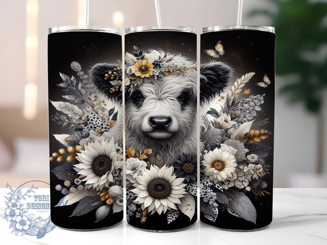 Highland Cow & Sunflower Rustic Farm Tumbler, Sunflower Cow Wrap, Black and White Cow Design, 20oz Sublimation Wrap, Floral Cow Tumbler, Printable Highland Cow Art, Rustic Farm Tumbler Sublimation ToriDesigns 