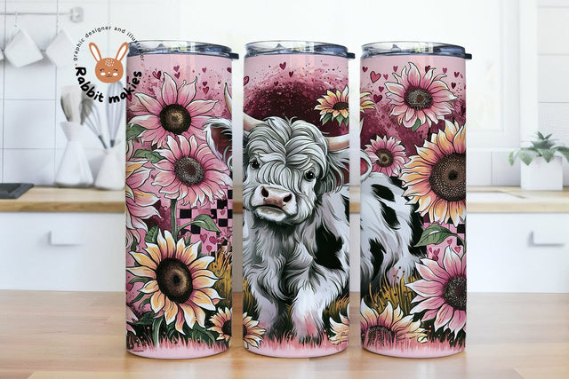 Highland Cow Sunflower Tumbler Wrap, Pastel Sunflower Tumbler Design Png, Highland Cow 20oz Skinny Tumbler Sublimation Design Sublimation Rabbitmakies 