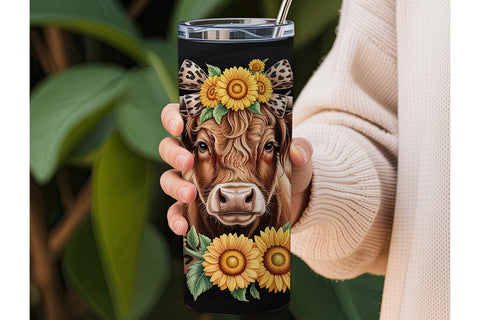 Highland Cow Sunflower Tumbler Wrap Sublimation DesignSVG 