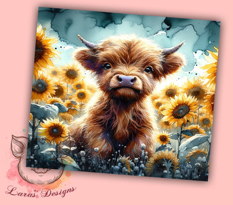 Highland Cow Sunflowers 20 oz Skinny Tumbler Sublimation Design, Straight & Tapered Tumbler Png, Baby Highland Cow Tumbler Png, Digital Download PNG Sublimation Lara' s Designs 