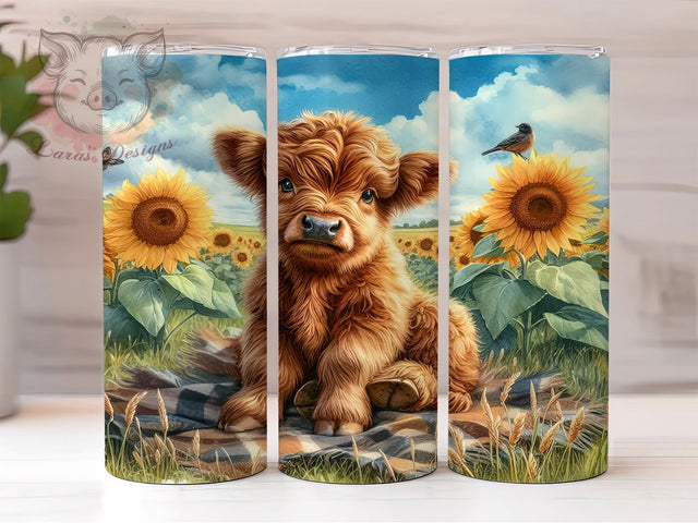Highland Cow Sunflowers 20 oz Skinny Tumbler Sublimation Design, Straight & Tapered Tumbler Png, Baby Highland Cow Tumbler Png, Digital Download PNG Sublimation Lara' s Designs 