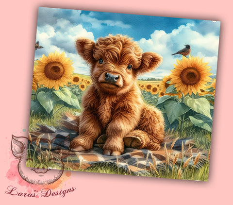 Highland Cow Sunflowers 20 oz Skinny Tumbler Sublimation Design, Straight & Tapered Tumbler Png, Baby Highland Cow Tumbler Png, Digital Download PNG Sublimation Lara' s Designs 