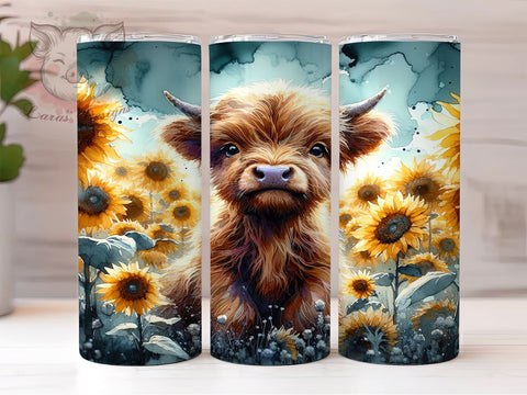 Highland Cow Sunflowers 20 oz Skinny Tumbler Sublimation Design, Straight & Tapered Tumbler Png, Baby Highland Cow Tumbler Png, Digital Download PNG Sublimation Lara' s Designs 