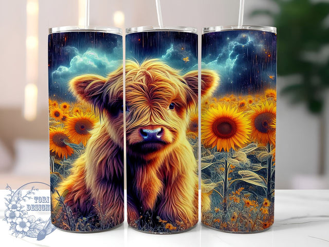 Highland Cow Sunflowers 20oz Skinny Tumbler PNG, Highland Cow Tumbler Sublimation Wrap, Straight & Tapered Tumbler Wrap, Instant Digital Download Sublimation ToriDesigns 