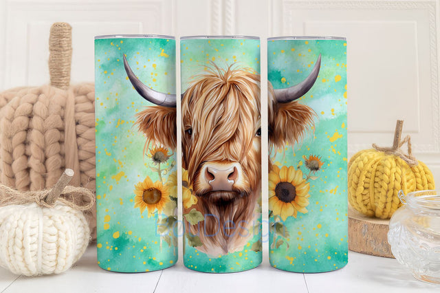 Highland Cow Sunflowers 20oz skinny tumbler wrap Sublimation design, straight tumbler, PNG Download Sublimation BouDesign 