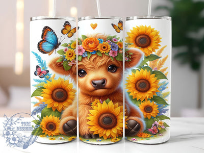 Highland Cow Sunflowers 20oz Tumbler, Hello Spring, Farmhouse Tumbler, Nature Sublimation, Seasonal Wrap Design, Rustic PNG, 20oz Tumbler Wrap Sublimation ToriDesigns 