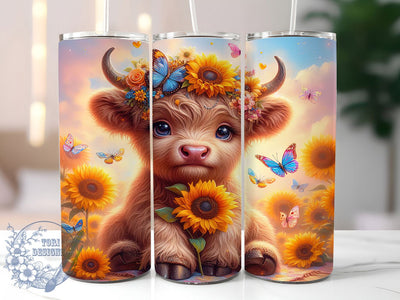 Highland Cow Sunflowers 20oz Tumbler, Hello Spring, Farmhouse Tumbler, Nature Sublimation, Seasonal Wrap Design, Rustic PNG, 20oz Tumbler Wrap Sublimation ToriDesigns 