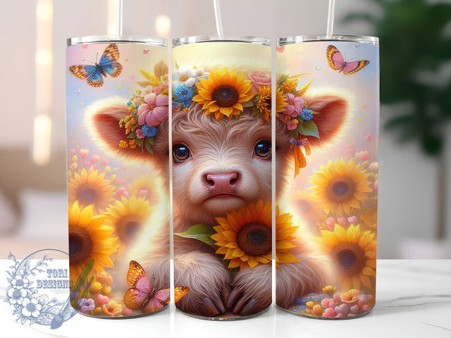 Highland Cow Sunflowers 20oz Tumbler, Hello Spring, Farmhouse Tumbler, Nature Sublimation, Seasonal Wrap Design, Rustic PNG, 20oz Tumbler Wrap Sublimation ToriDesigns 
