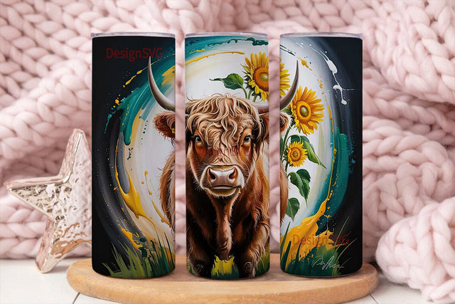 Highland Cow & Sunflowers 20oz Tumbler Sublimation DesignSVG 