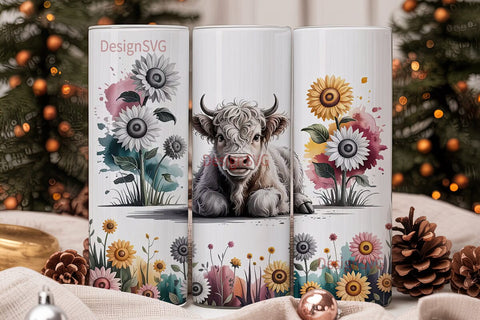 Highland Cow & Sunflowers 20oz Tumbler Sublimation DesignSVG 