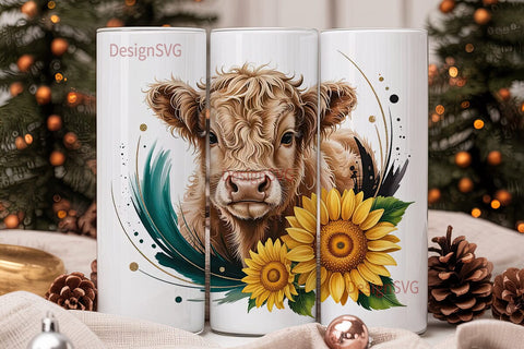 Highland Cow & Sunflowers 20oz Tumbler Sublimation DesignSVG 