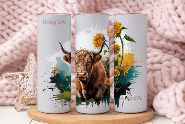 Highland Cow & Sunflowers 20oz Tumbler Sublimation DesignSVG 