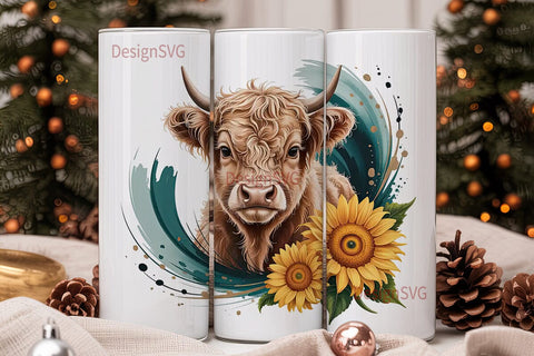 Highland Cow & Sunflowers 20oz Tumbler Sublimation DesignSVG 