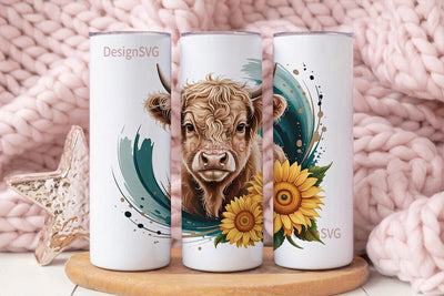 Highland Cow & Sunflowers 20oz Tumbler Sublimation DesignSVG 