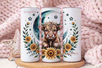 Highland Cow & Sunflowers 20oz Tumbler Sublimation DesignSVG 