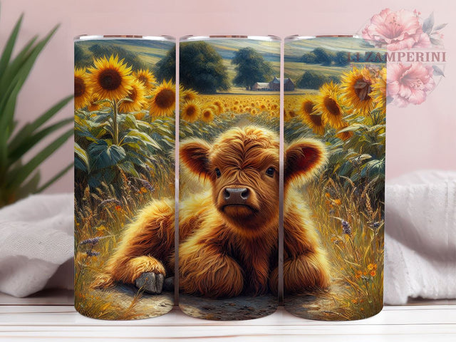 Highland Cow Sunflowers 20oz Tumbler Wrap PNG, Highland Cow Tumbler PNG Sublimation Design, Straight & Tapered Tumbler Wrap, Instant Digital Download Sublimation Li Zamperini 