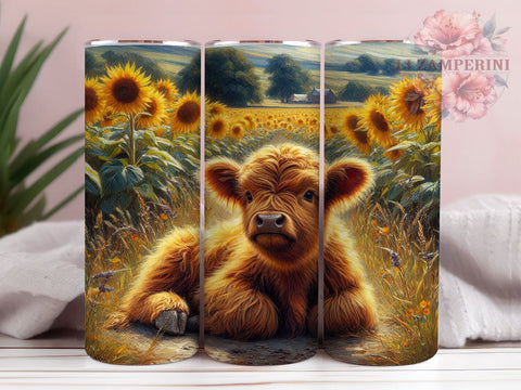 Highland Cow Sunflowers 20oz Tumbler Wrap PNG, Highland Cow Tumbler PNG Sublimation Design, Straight & Tapered Tumbler Wrap, Instant Digital Download Sublimation Li Zamperini 
