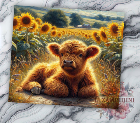 Highland Cow Sunflowers 20oz Tumbler Wrap PNG, Highland Cow Tumbler PNG Sublimation Design, Straight & Tapered Tumbler Wrap, Instant Digital Download Sublimation Li Zamperini 