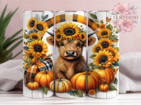 Highland Cow Sunflowers and Pumpkins 20oz Tumbler Wrap PNG, Highland Cow Fall Tumbler Png, Straight & Tapered Tumbler Wrap, Instant Digital Download Sublimation Li Zamperini 