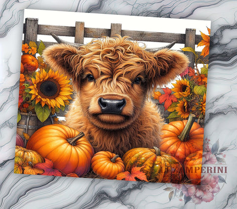 Highland Cow Sunflowers and Pumpkins 20oz Tumbler Wrap PNG, Highland Cow Fall Tumbler Png, Straight & Tapered Tumbler Wrap, Instant Digital Download Sublimation Li Zamperini 