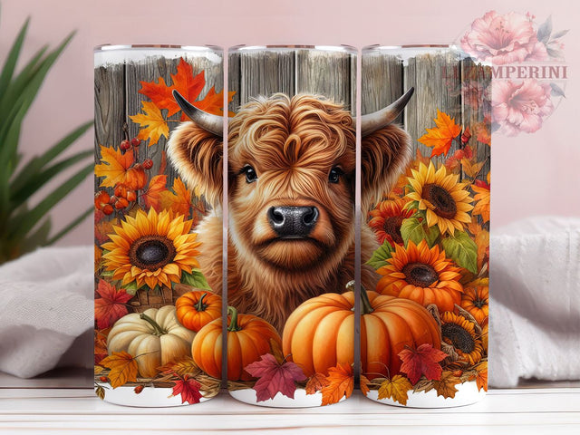 Highland Cow Sunflowers and Pumpkins 20oz Tumbler Wrap PNG, Highland Cow Fall Tumbler Png, Straight & Tapered Tumbler Wrap, Instant Digital Download Sublimation Li Zamperini 
