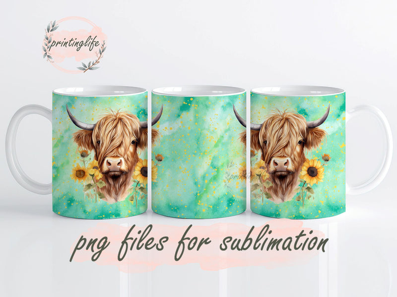 Highland Cow Sunflowers Mug Wrap Design, Instant Digital Design Download Mug Wrap Design, Mug Design PNG Sublimation PrintingLife 