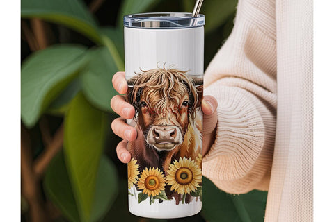 Highland Cow & Sunflowers Tumbler Wrap Sublimation DesignSVG 