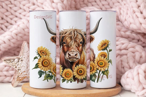 Highland Cow & Sunflowers Tumbler Wrap Sublimation DesignSVG 