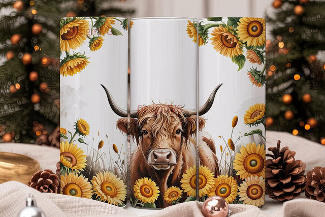 Highland Cow & Sunflowers Tumbler Wrap Sublimation DesignSVG 